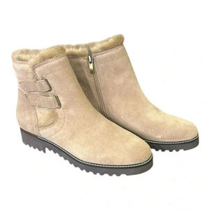 Franco Sarto Crystal Water Resistant Faux Fur Trim Ankle Boots Sz 8.5 Sandstone